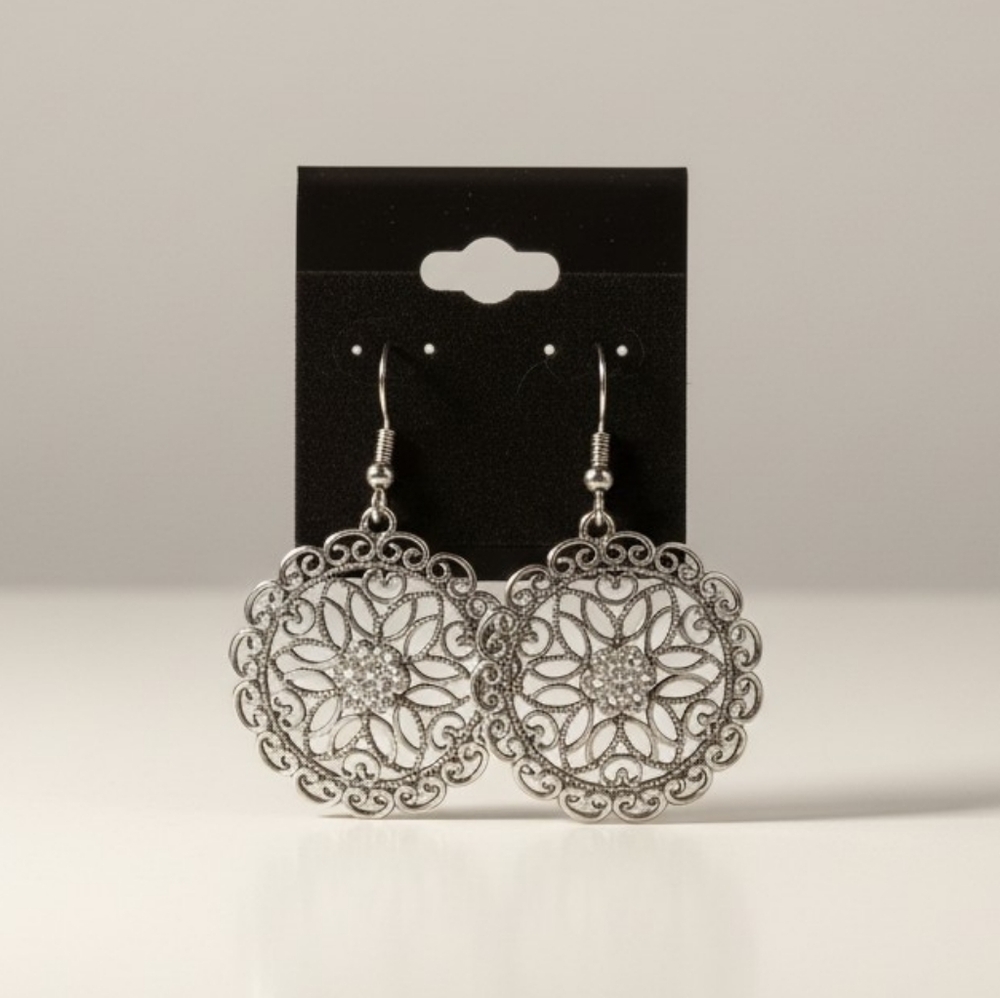 Silver Filigree Floral Drop Earrings